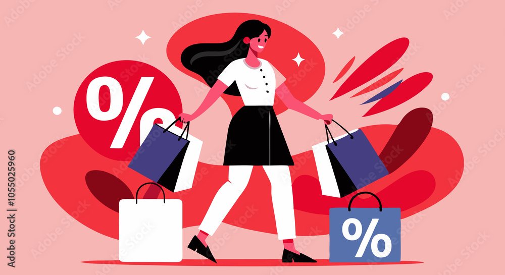 Obraz premium Smiling woman carrying shopping bags with sale percentage signs in the background, vector illustration..
