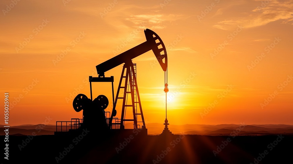 Silhouette of an oil pump jack against a vibrant sunset sky, representing energy extraction and oil production in the field. Silhouette of an oil pump jack against a vibrant sunset sky, representing energy extraction and oil production in the field.