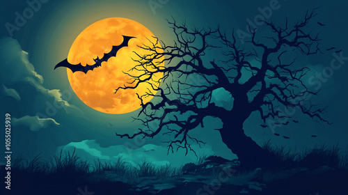 Halloween themed image of bats flying around a tree in front of a full moon. The bats are flying in different directions, and the tree is tall and dark photo