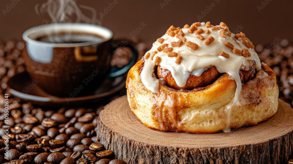 cozy capture of freshly baked cinnamon roll topped with icing cozy capture of freshly baked cinnamon roll topped with icing
