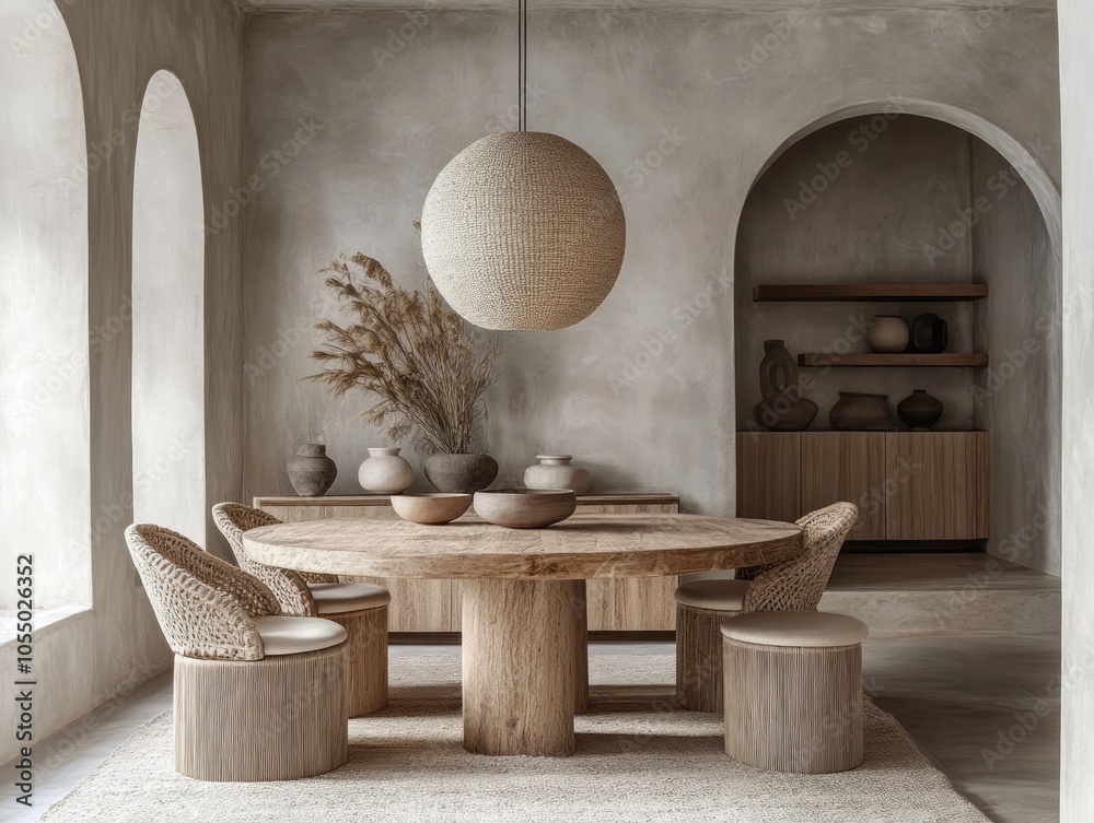 Obraz premium Round wooden table with low chairs, simple pendant lighting, and neutral-colored walls