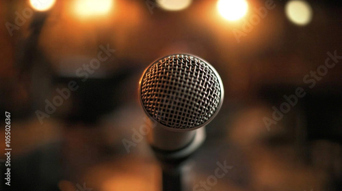 Microphone is shown in a blurry background with a bright orange background. The microphone is the main focus of the image, and it is a close up shot