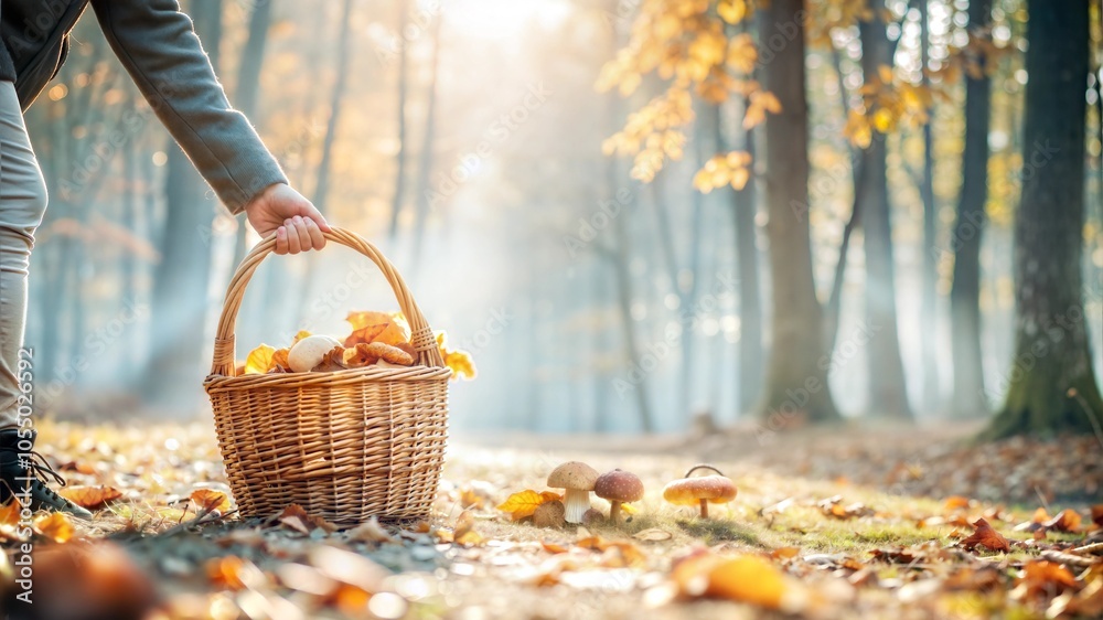 Close-up of a Hand Picking Mushrooms with Basket in Autumn Forest Close-up of a Hand Picking Mushrooms with Basket in Autumn Forest