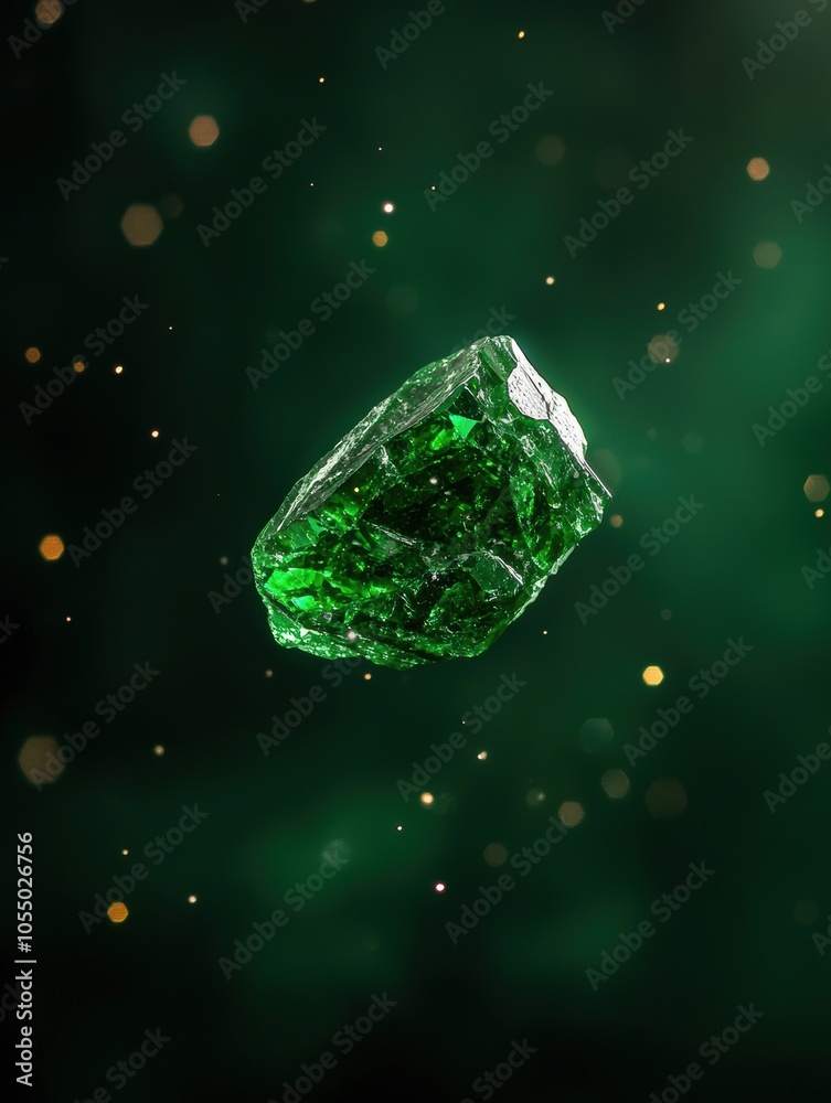 Emerald gemstone with shimmering green hues set against a dark, atmospheric background. Emerald gemstone with shimmering green hues set against a dark, atmospheric background.