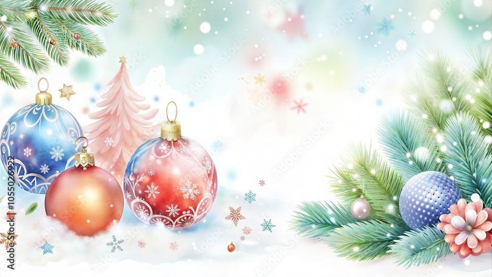 Fototapeta premium Watercolor Christmas lights and pine branches, festive winter background with copy space..