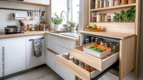 Small kitchen with clever storage solutions and a pull-out table