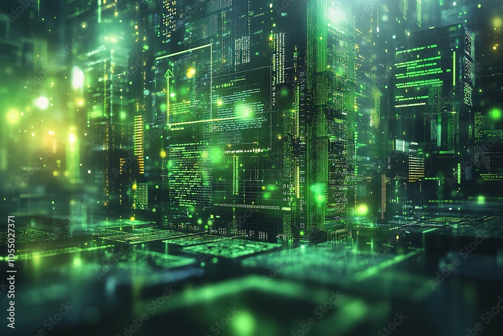 Abstract futuristic city with glowing green digital elements and lines. Abstract futuristic city with glowing green digital elements and lines.