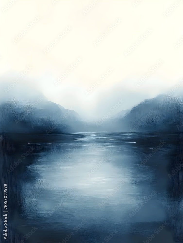 Fototapeta premium A serene landscape depicting a misty river surrounded by soft blue mountains. The tranquil water reflects the gentle hues of the sky, creating a calming atmosphere.