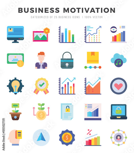 BUSINESS MOTIVATION elements. Flat web icon set. Simple vector illustration.