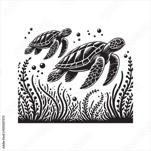 Underwater Scene ClipArt Design - Coral Reef Vector illustration in black and white
