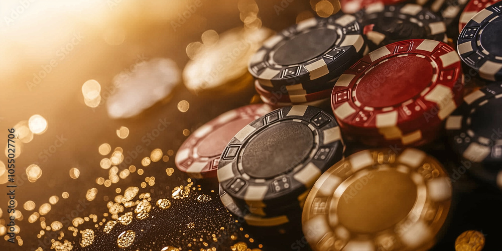 Close-up of poker chips scattered across a glittering surface, evoking the glamour and risk associated with casino games. Close-up of poker chips scattered across a glittering surface, evoking the glamour and risk associated with casino games.