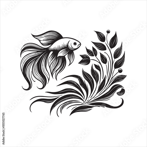 Underwater Scene ClipArt Design - Coral Reef Vector illustration in black and white
