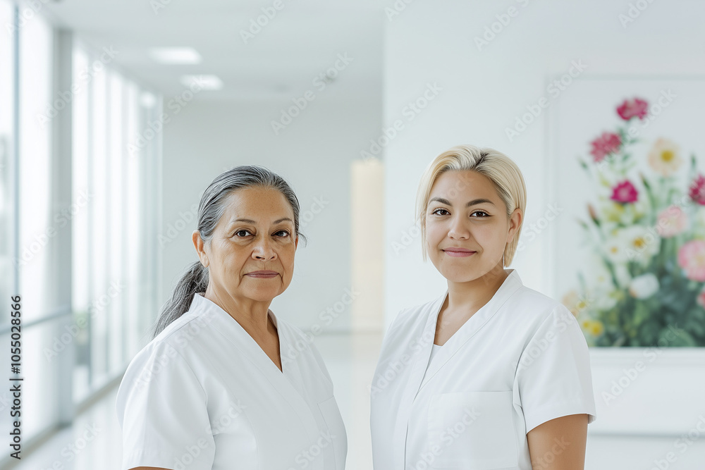 Portrait of hispanic healthcare worker and young female apprentice standing in bright hallway Portrait of hispanic healthcare worker and young female apprentice standing in bright hallway