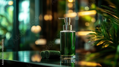 Luxury green liquid soap in a glass dispenser on a stylish bathroom counter.