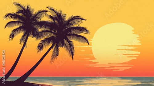 Palm trees gently silhouetted on the horizon, standing tall against the radiant colors of a gradient sunset on a quiet beach.