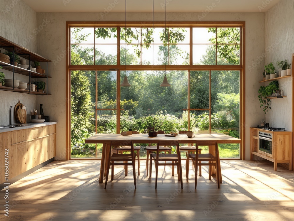 Simple dining room with a wooden dining table and natural lighting from large windows Simple dining room with a wooden dining table and natural lighting from large windows