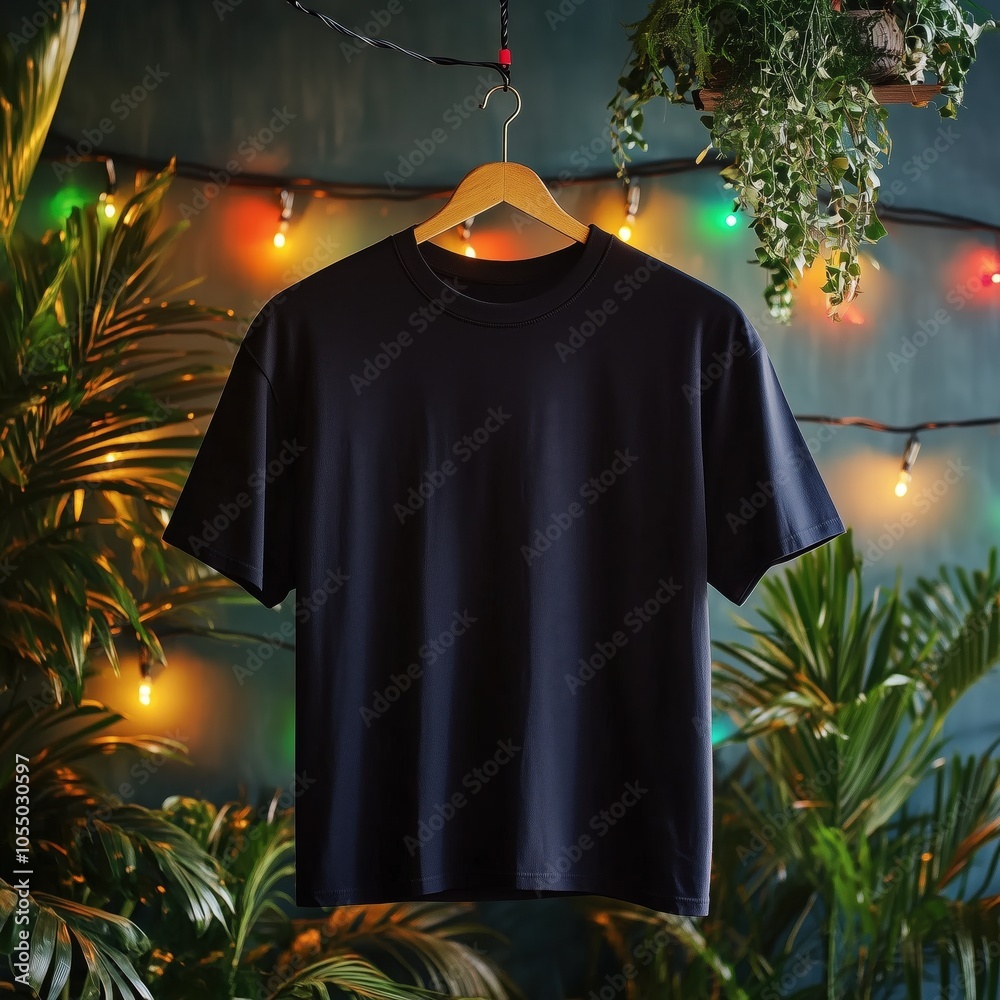 Casual black t-shirt mockup. T-shirt on hanger hanging on garland with Christmas lights. Unisex basic shirt, blank template for winter holidays designs