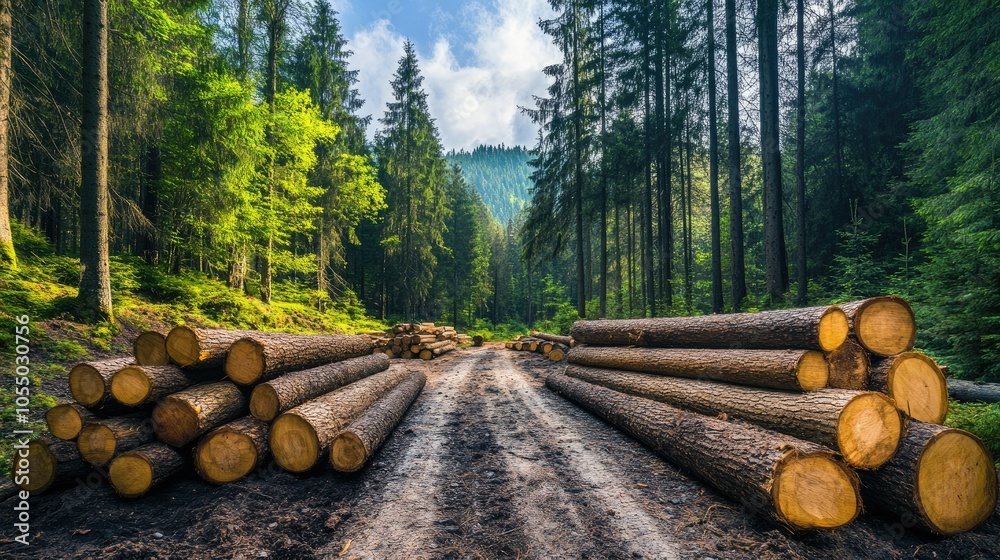 Recently felled trees and stacked logs in a forest, with towering spruce and fir in the background. Clean space for text. Recently felled trees and stacked logs in a forest, with towering spruce and fir in the background. Clean space for text.