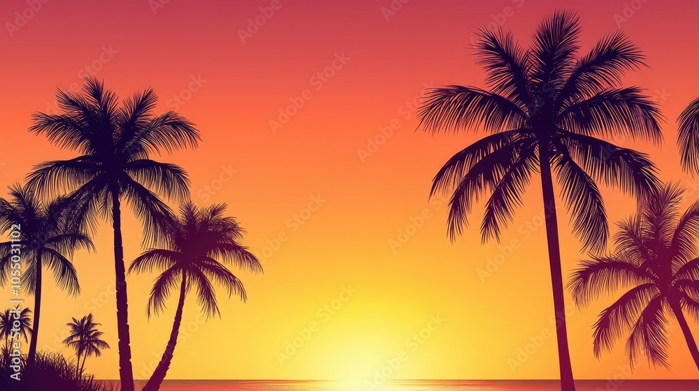 Silhouetted palm trees line a serene beach as the sun sets in a gradient of orange and red, creating a tranquil tropical scene.