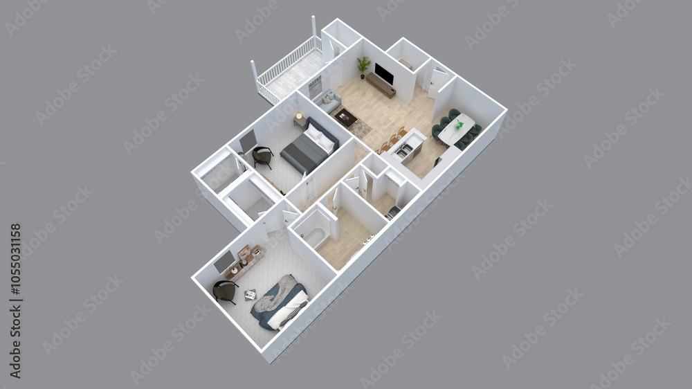 3D Floor plan of a 2 bedroom home, 3D illustration. Open concept living apartment layout 3D Floor plan of a 2 bedroom home, 3D illustration. Open concept living apartment layout