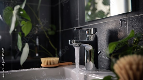 Close-up of a modern chrome faucet in a bathroom with plants in the background photo