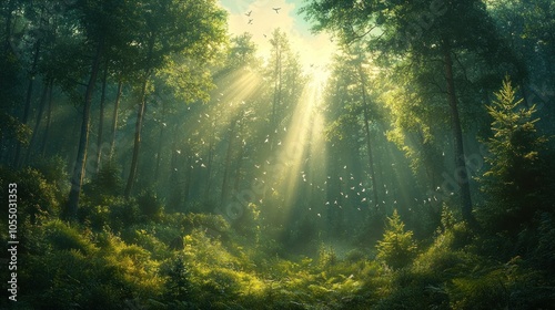 A serene forest scene with sunlight filtering through trees.