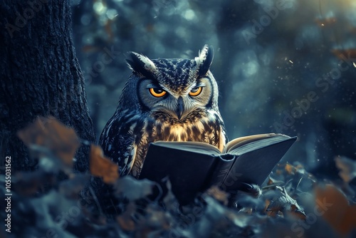 An enigmatic owl engrossed in a book amidst a mysterious dark hued forest landscape photo