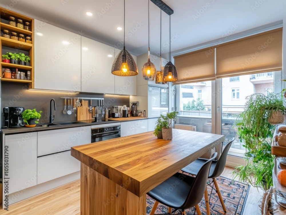 Small dining room and kitchen with a wooden bar table integrated into an open kitchen Small dining room and kitchen with a wooden bar table integrated into an open kitchen