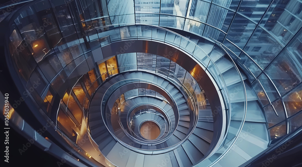 Fototapeta premium Architectural Marvel: A Spiral Staircase Winding Through a Modern Skyscraper