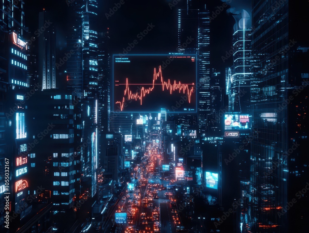Fototapeta premium Futuristic line graph illustrating stock market trends and projections in a digital landscape.