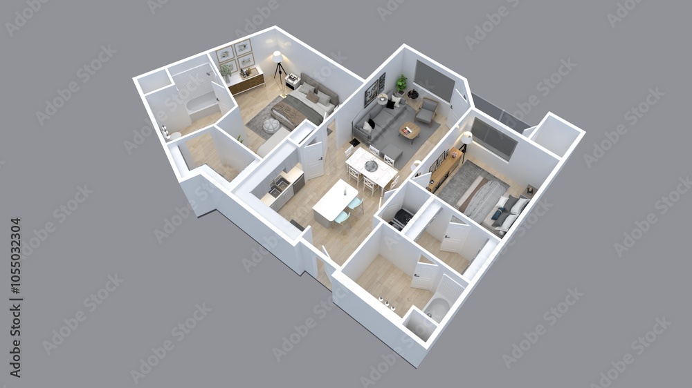 3D Floor plan of a 2 bedroom home, 3D illustration. Open concept living apartment layout 3D Floor plan of a 2 bedroom home, 3D illustration. Open concept living apartment layout