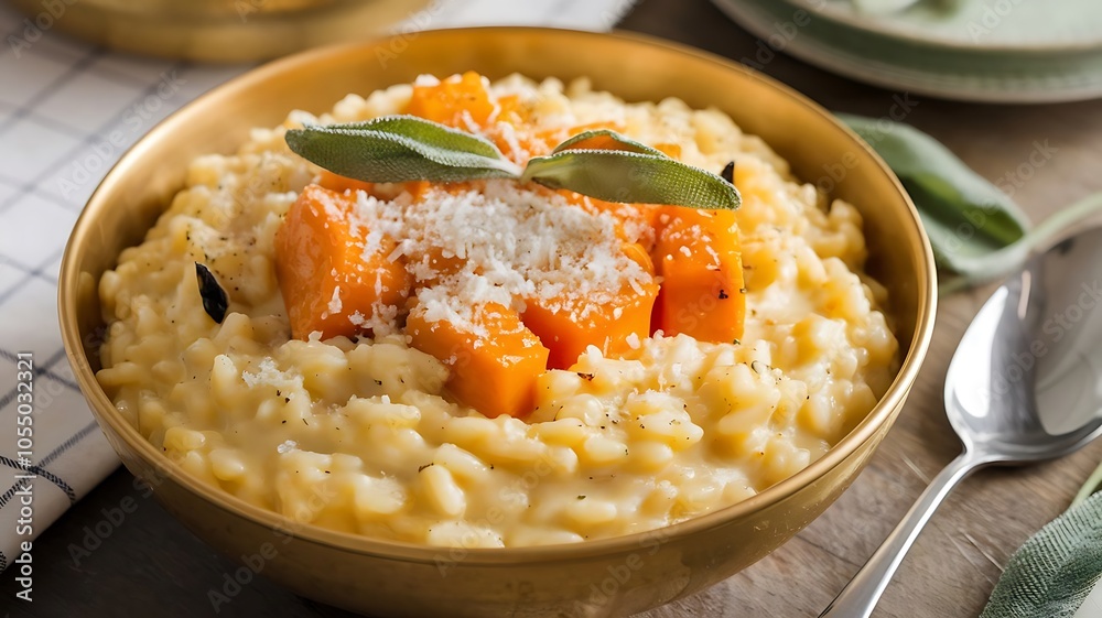 A Delicious Golden Bowl of Creamy Risotto Topped with Fresh Herbs and Parmesan Cheese Perfect for Food Bloggers and Culinary Enthusiasts A Delicious Golden Bowl of Creamy Risotto Topped with Fresh Herbs and Parmesan Cheese Perfect for Food Bloggers and Culinary Enthusiasts