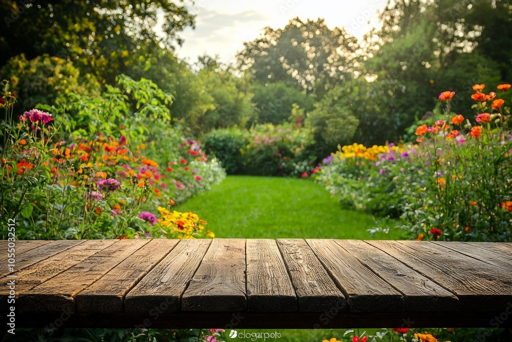 A wooden table with an empty space for product display, set against the backdrop of a green garden with sunlight A wooden table with an empty space for product display, set against the backdrop of a green garden with sunlight