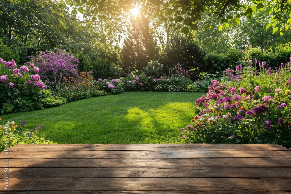 A wooden table with an empty space for product display, set against the backdrop of a green garden with sunlight A wooden table with an empty space for product display, set against the backdrop of a green garden with sunlight