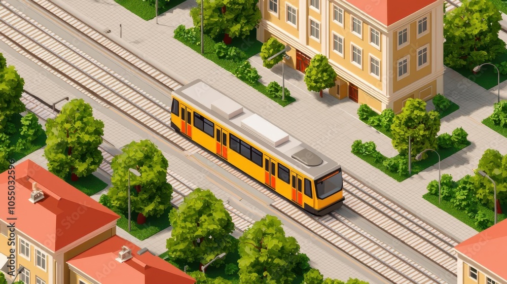 Obraz premium A yellow tram navigating through a city street lined with trees and buildings.