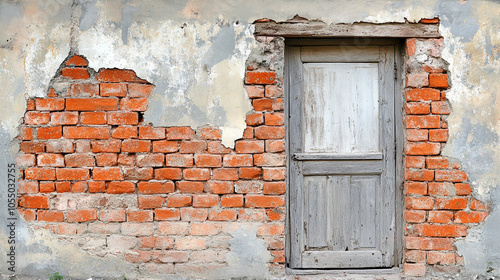 Brick wall with a white door in the middle. The door is old and has a rusty lock. The wall is covered in dirt and the door is slightly ajar