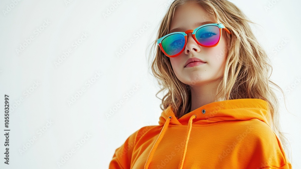Trendy blonde girl in a vibrant orange hoodie and color sunglasses, posing confidently on a simple white background, perfect for copy space. Trendy blonde girl in a vibrant orange hoodie and color sunglasses, posing confidently on a simple white background, perfect for copy space.