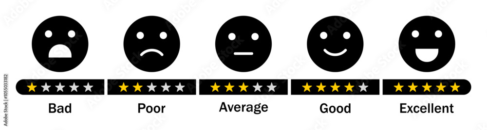 Fototapeta premium Feedback rating emoji icon set in black color. Five facial expression of feedback sign symbol. Rating emoji emotion levels. Vector illustration.