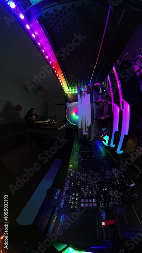 Vertical video. A 360-degree view from inside a gaming PC, showcasing a man with a bare torso sitting at a desk, eating chips in a dimly lit room, surrounded by colorful RGB lights and computer compon photo