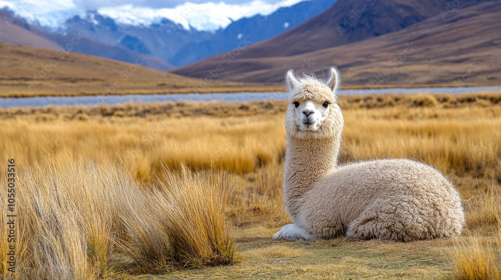 Fototapeta premium Content alpaca chewing grass with a serene look.