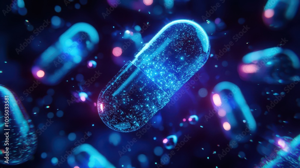 Floating collagen capsules surrounded by glowing particles in a serene, ample space for beauty and wellness themes. Floating collagen capsules surrounded by glowing particles in a serene, ample space for beauty and wellness themes.