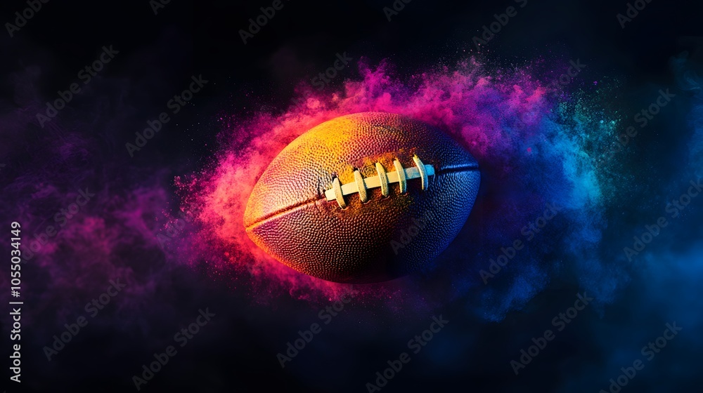 The ball is speeding of american football with colorful dust effect The ball is speeding of american football with colorful dust effect