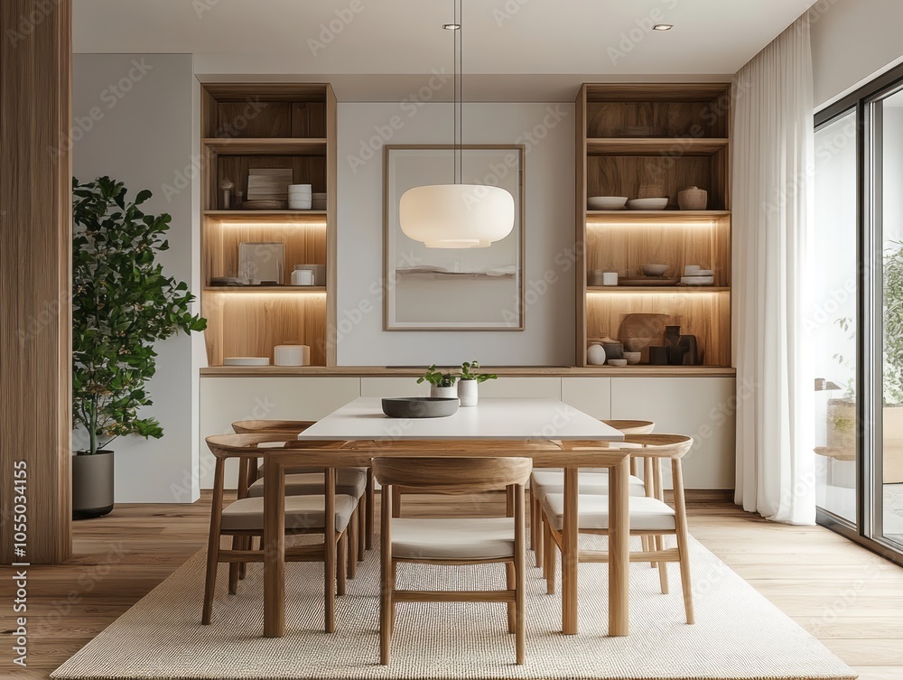 Square dining table with minimalist chairs and open shelving for a tidy appearance Square dining table with minimalist chairs and open shelving for a tidy appearance