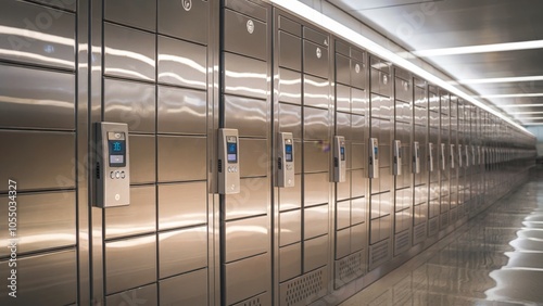 Rows of modern metallic lockers equipped with electronic keypads for secure storage solutions. Safety and convenience concept photo