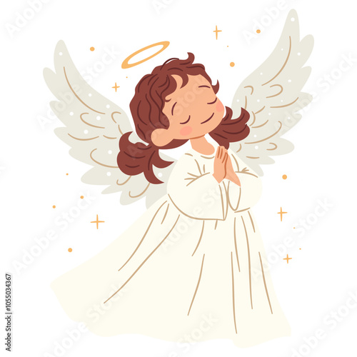 Flat vector illustration in children's style. Cute little angel praying. Children's illustration on white background. Vector illustration