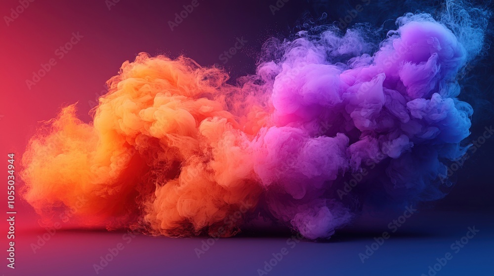 Fototapeta premium Colorful smoke clouds swirl together in vibrant hues of orange and purple against a dark backdrop, creating an artistic display