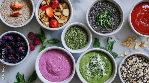 A colorful array of healthy ingredients in bowls, ideal for meal preparation or smoothie making.