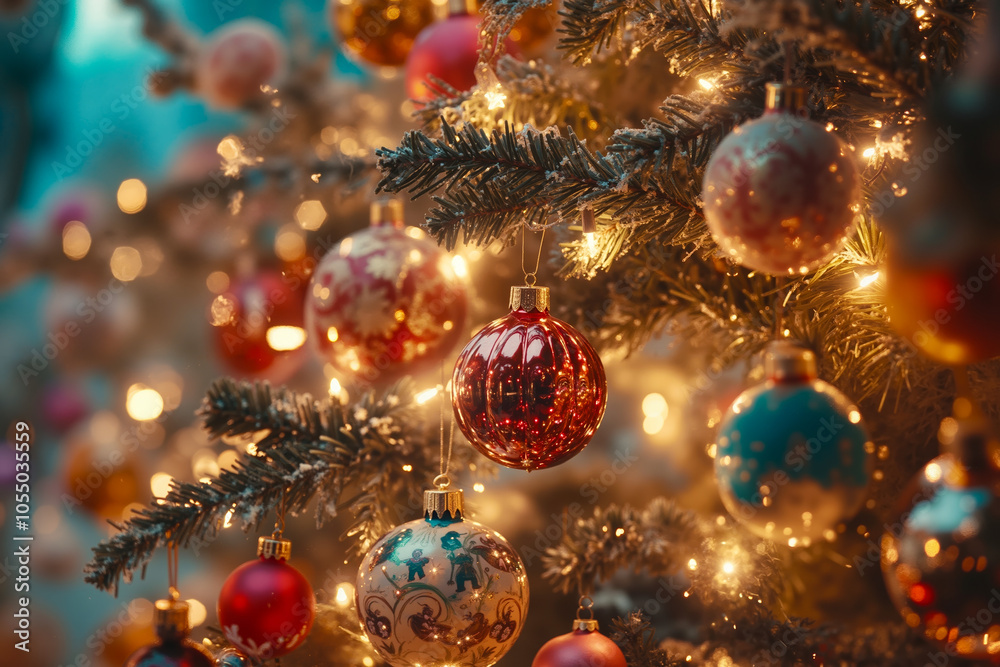 A close-up of a Christmas tree adorned with colorful ornaments and twinkling lights A close-up of a Christmas tree adorned with colorful ornaments and twinkling lights