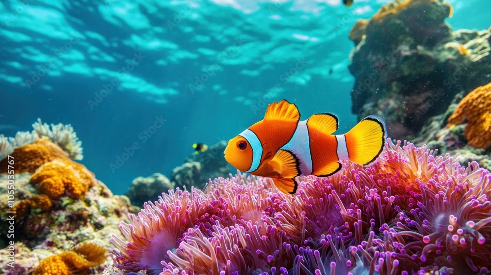 A vibrant underwater scene featuring a clownfish among colorful coral and anemones. A vibrant underwater scene featuring a clownfish among colorful coral and anemones.