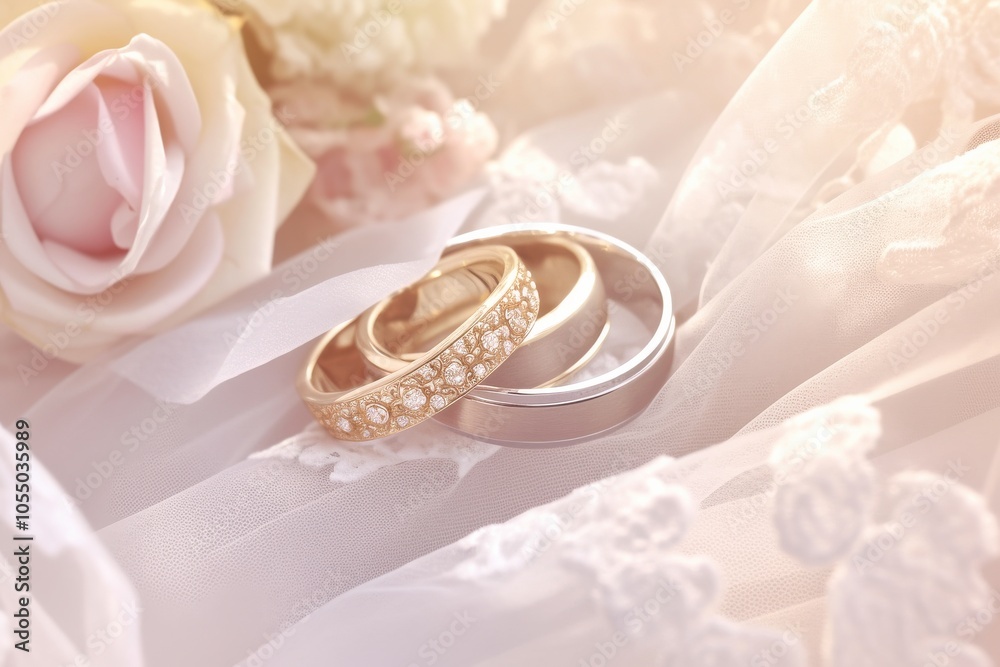 Elegant Wedding Rings with Roses and Lace in Soft Light Elegant Wedding Rings with Roses and Lace in Soft Light